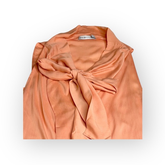 See by Chloe ༻ Pussy Bow Silk Crepe Crepon Sleeveless Top ༻Coral Pink Orange ༻ 6 - Picture 10 of 16